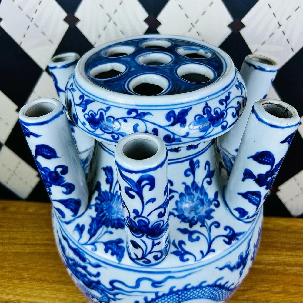 Grand Tulipière 15” Blue & White Chinoiserie Dragon Vase Porcelain Multi-Spout - Picture 3 of 17